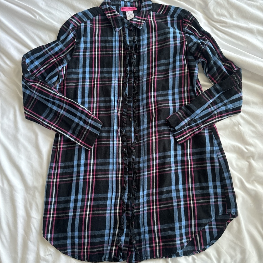 Betsey Johnson Plaid Button-Up Pajama Dress in Black, Blue, and Pink